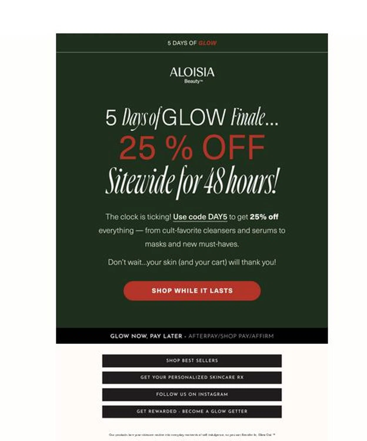 Aloisia Beauty discount code screenshot showing code day5 applied at Aloisia Beauty checkout page. Uploaded by SimplyCodes community member stygian1 on Dec 15, 2025