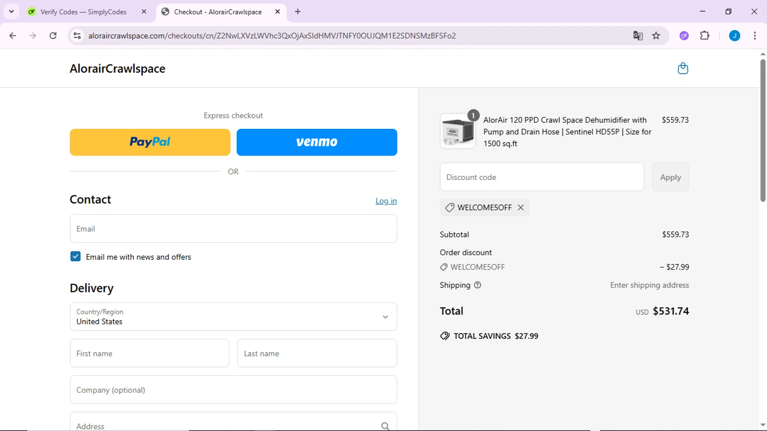 AlorairCrawlspace coupon code screenshot showing code Welcome5off applied at AlorairCrawlspace checkout page. Uploaded by SimplyCodes community member CodeLynx3161 on May 30, 2025