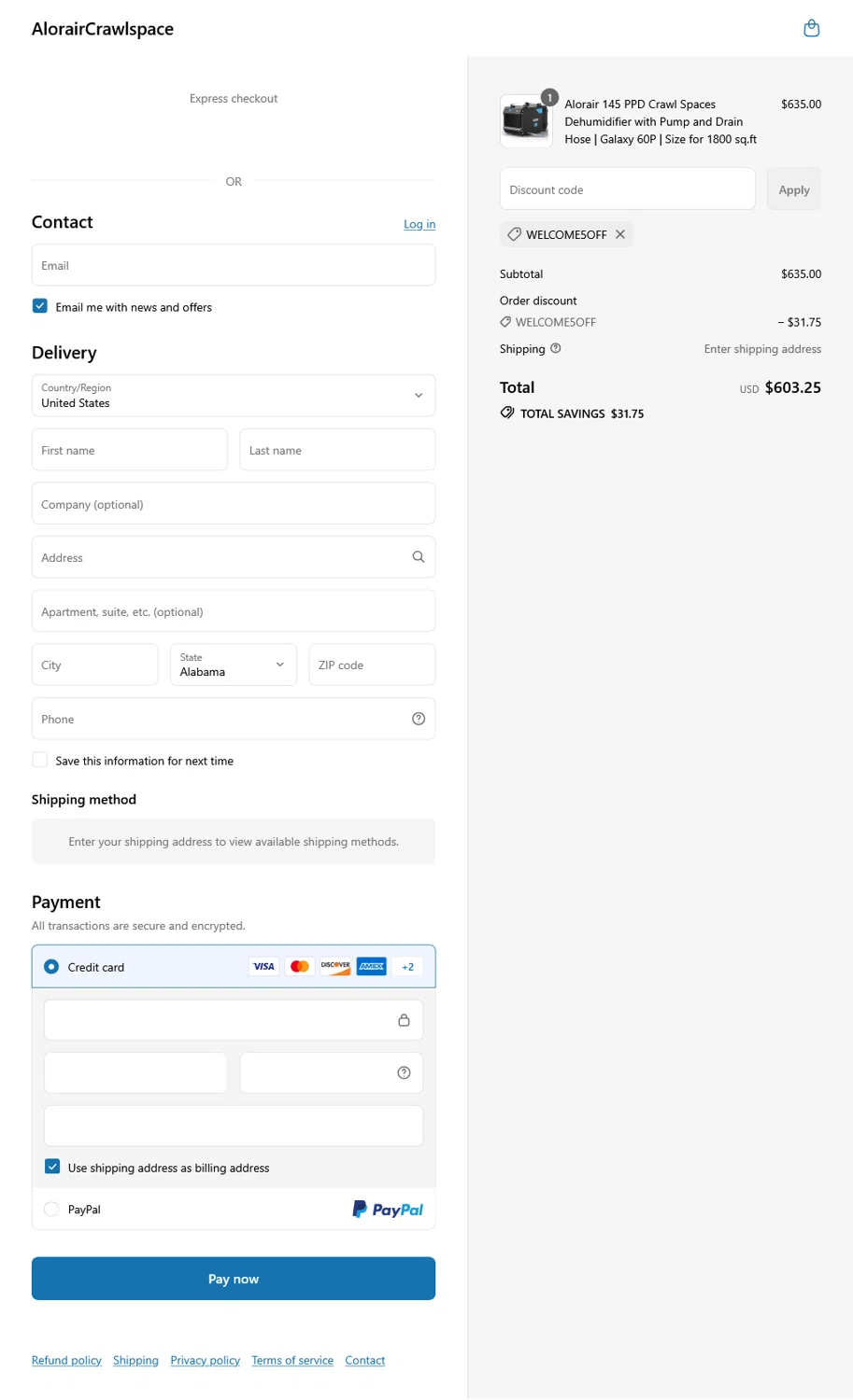 AlorairCrawlspace coupon code screenshot showing code Welcome5off applied at AlorairCrawlspace checkout page. Uploaded by SimplyCodes community member WladimirV on Jul 29, 2025