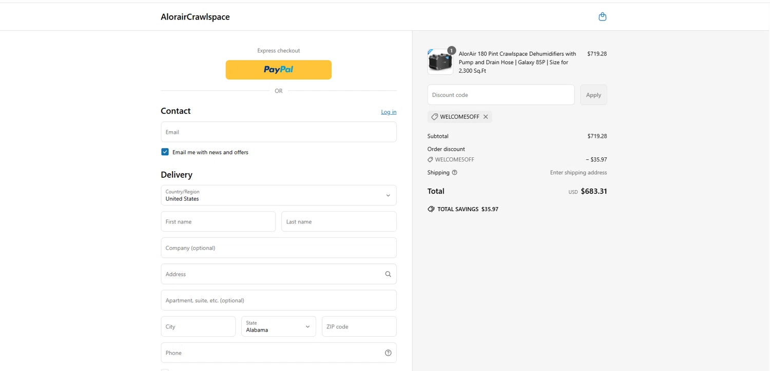 AlorairCrawlspace coupon code screenshot showing code Welcome5off applied at AlorairCrawlspace checkout page. Uploaded by SimplyCodes community member suppahdealz on May 10, 2025