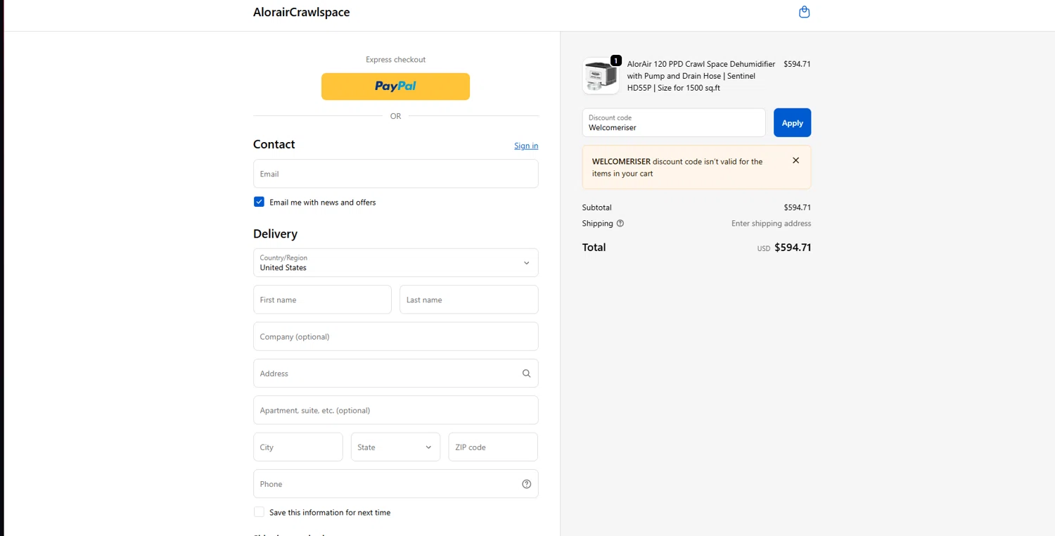 AlorairCrawlspace coupon code screenshot showing code Welcomeriser applied at AlorairCrawlspace checkout page. Uploaded by SimplyCodes community member CashOwl3827 on Oct 17, 2025