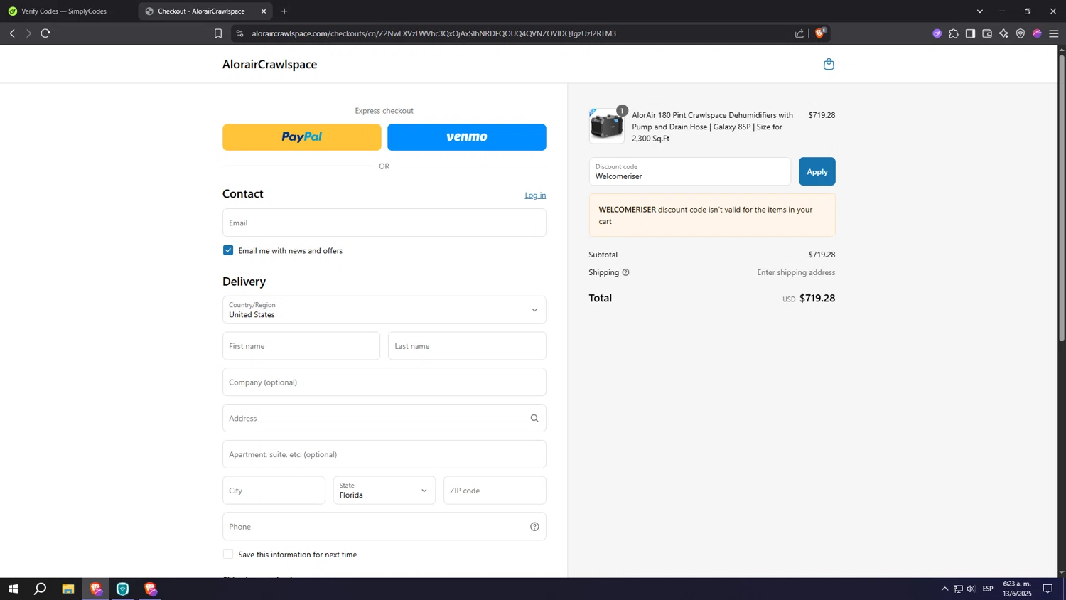 AlorairCrawlspace coupon code screenshot showing code Welcomeriser applied at AlorairCrawlspace checkout page. Uploaded by SimplyCodes community member Machi005 on Jun 13, 2025