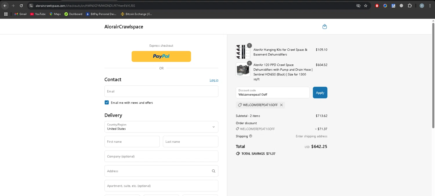 AlorairCrawlspace coupon code screenshot showing code Welcomerepeat10off applied at AlorairCrawlspace checkout page. Uploaded by SimplyCodes community member YJMQ95 on Jul 8, 2025
