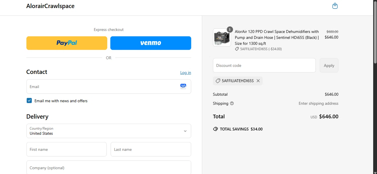 AlorairCrawlspace coupon code screenshot showing code 5AFFILIATEHDI65S applied at AlorairCrawlspace checkout page. Uploaded by SimplyCodes community member GoldLynx7797 on Jun 14, 2025