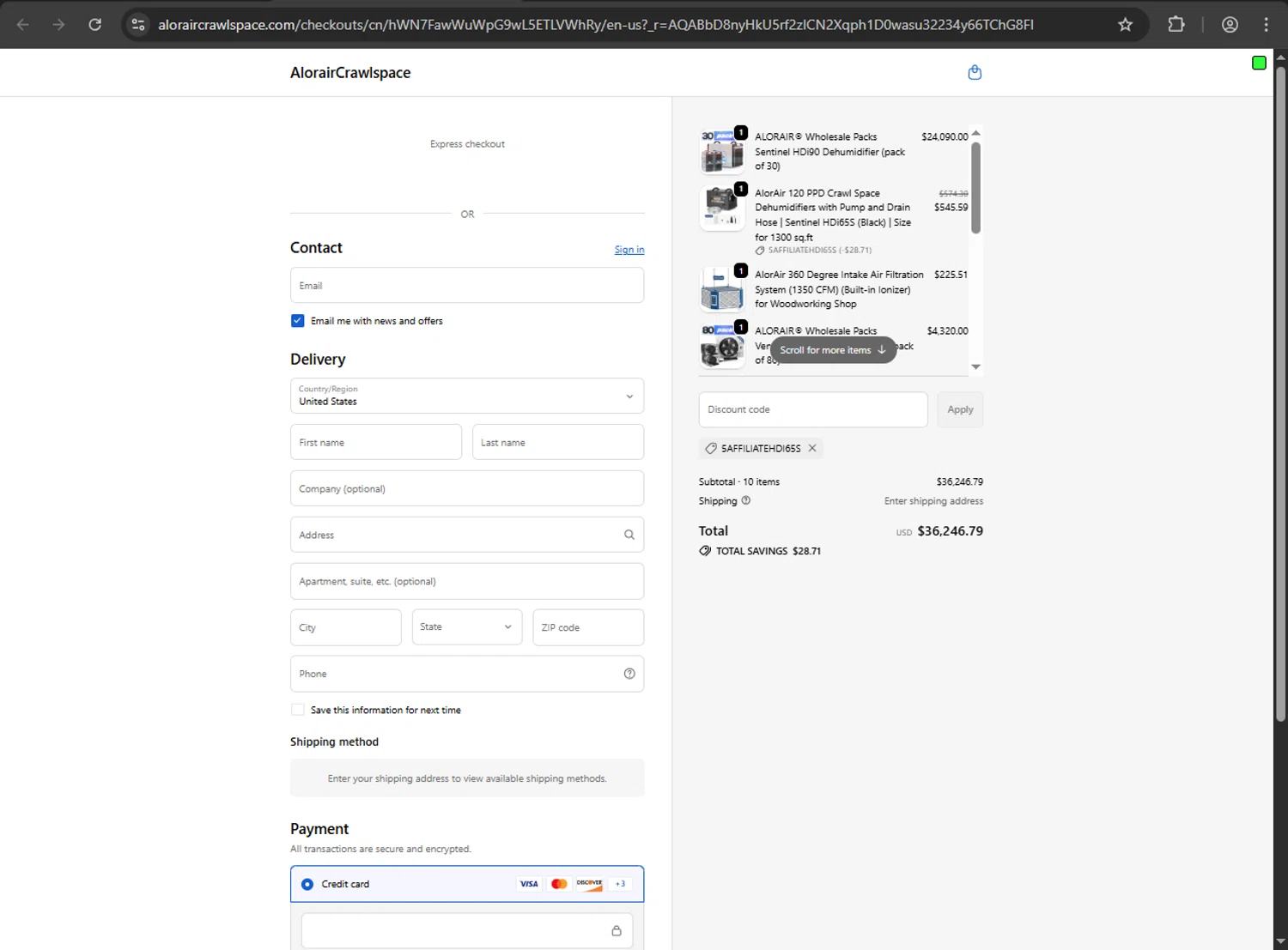 AlorairCrawlspace checkout page showing AlorairCrawlspace coupon code box | Screenshot taken by SimplyCodes community member on Jan 5, 2026