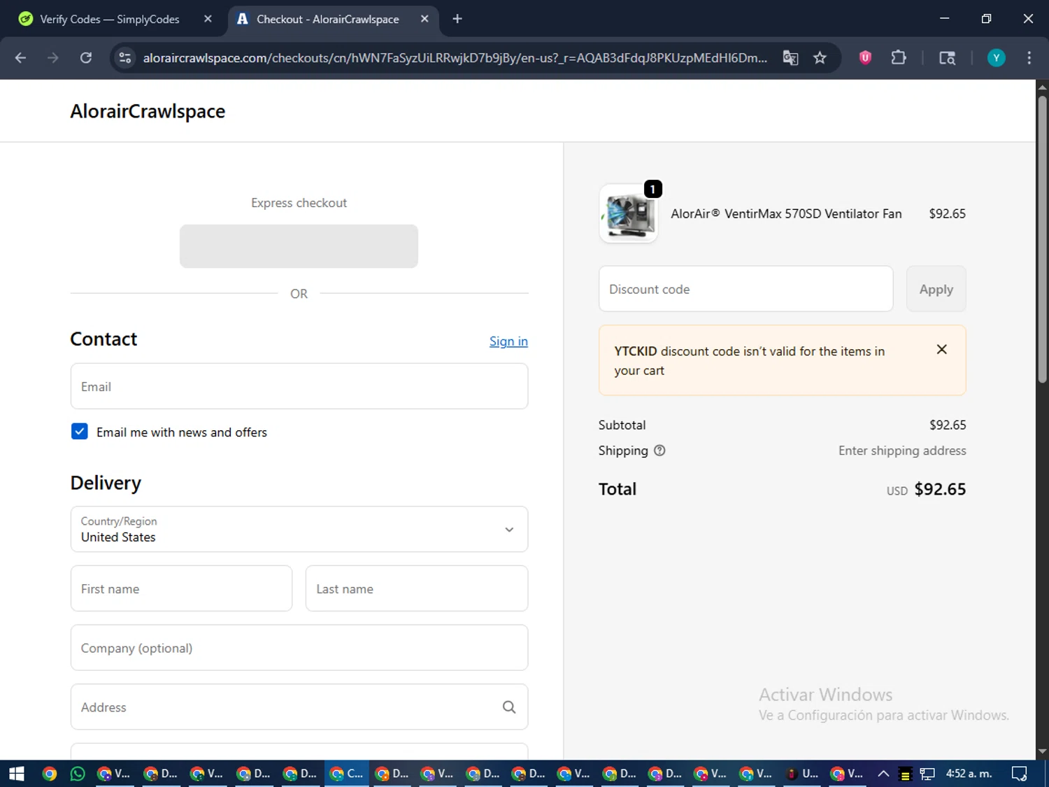 AlorairCrawlspace checkout page showing AlorairCrawlspace coupon code box | Screenshot taken by SimplyCodes community member on Jan 5, 2026