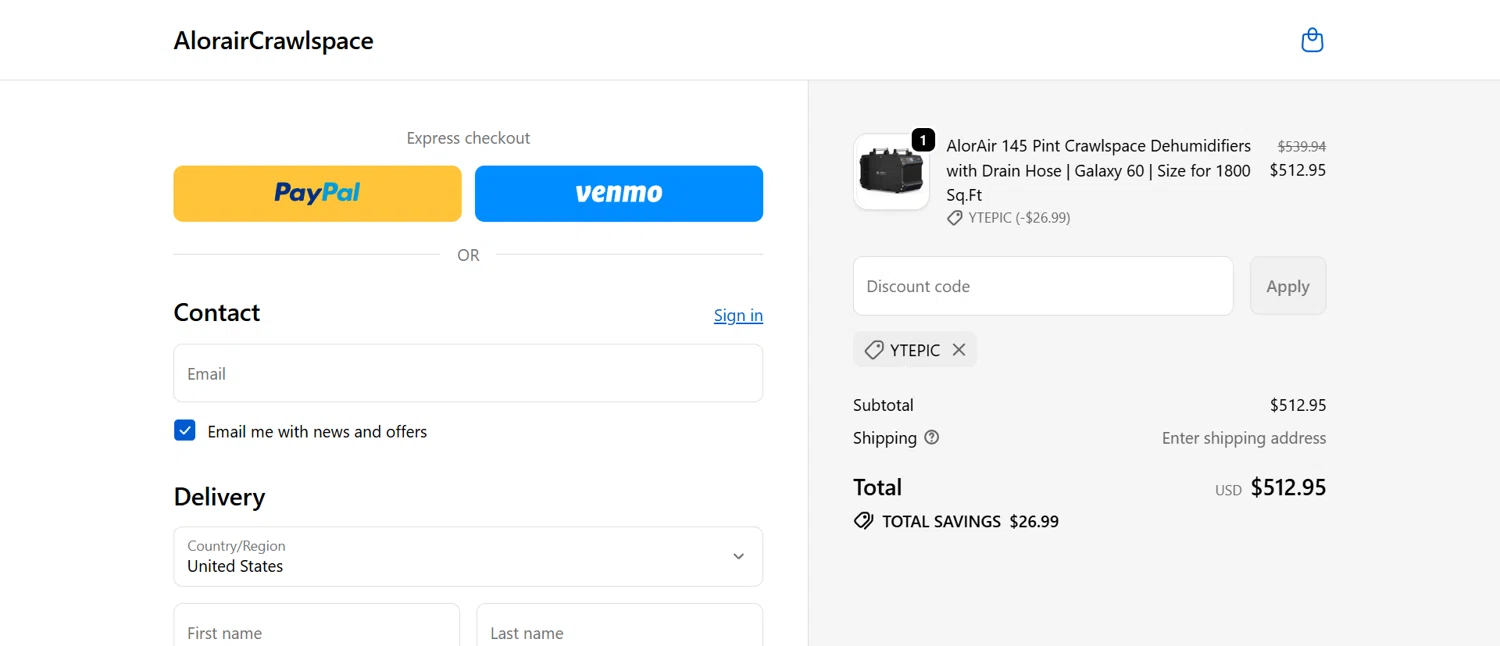 AlorairCrawlspace coupon code screenshot showing code YTEPIC applied at AlorairCrawlspace checkout page. Uploaded by SimplyCodes community member Dorothy on Oct 13, 2025
