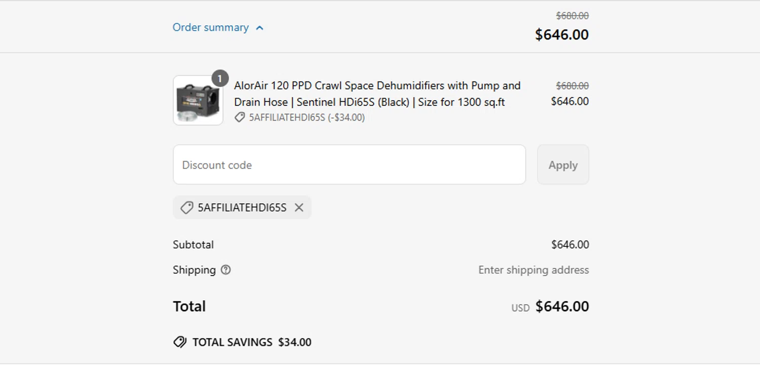 AlorairCrawlspace coupon code screenshot showing code 5AFFILIATEHDI65S applied at AlorairCrawlspace checkout page. Uploaded by SimplyCodes community member hazken on Jun 14, 2025