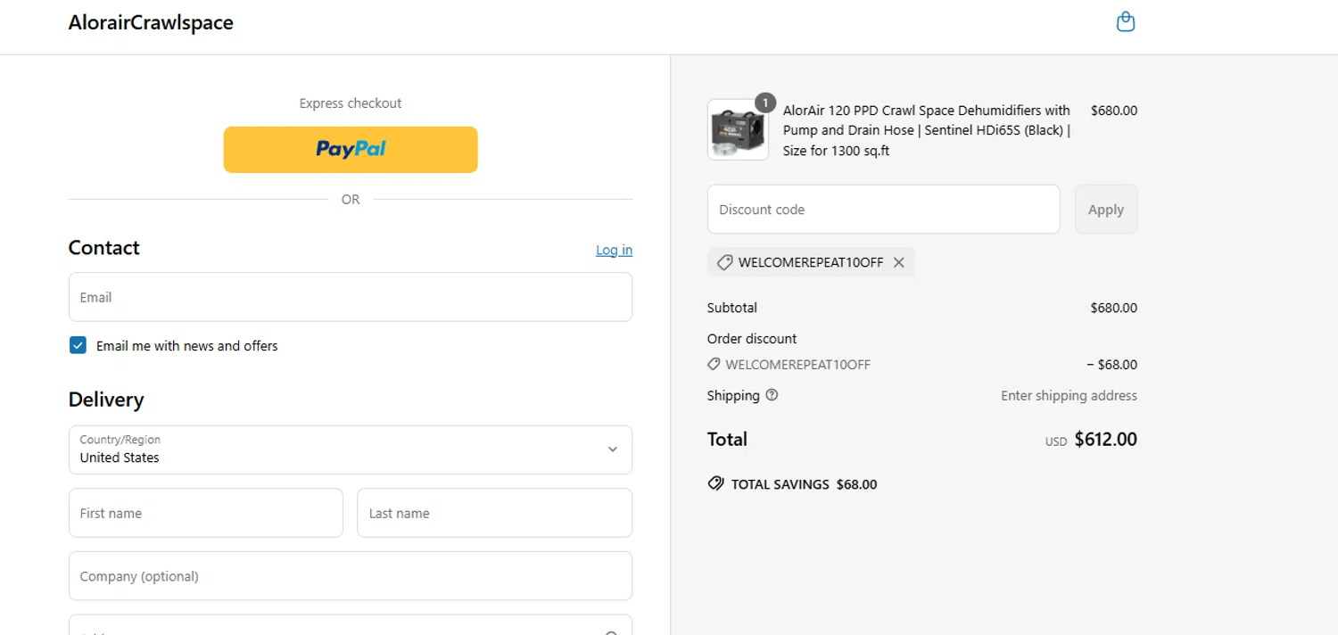 AlorairCrawlspace coupon code screenshot showing code Welcomerepeat10off applied at AlorairCrawlspace checkout page. Uploaded by SimplyCodes community member Aressss on Jun 13, 2025