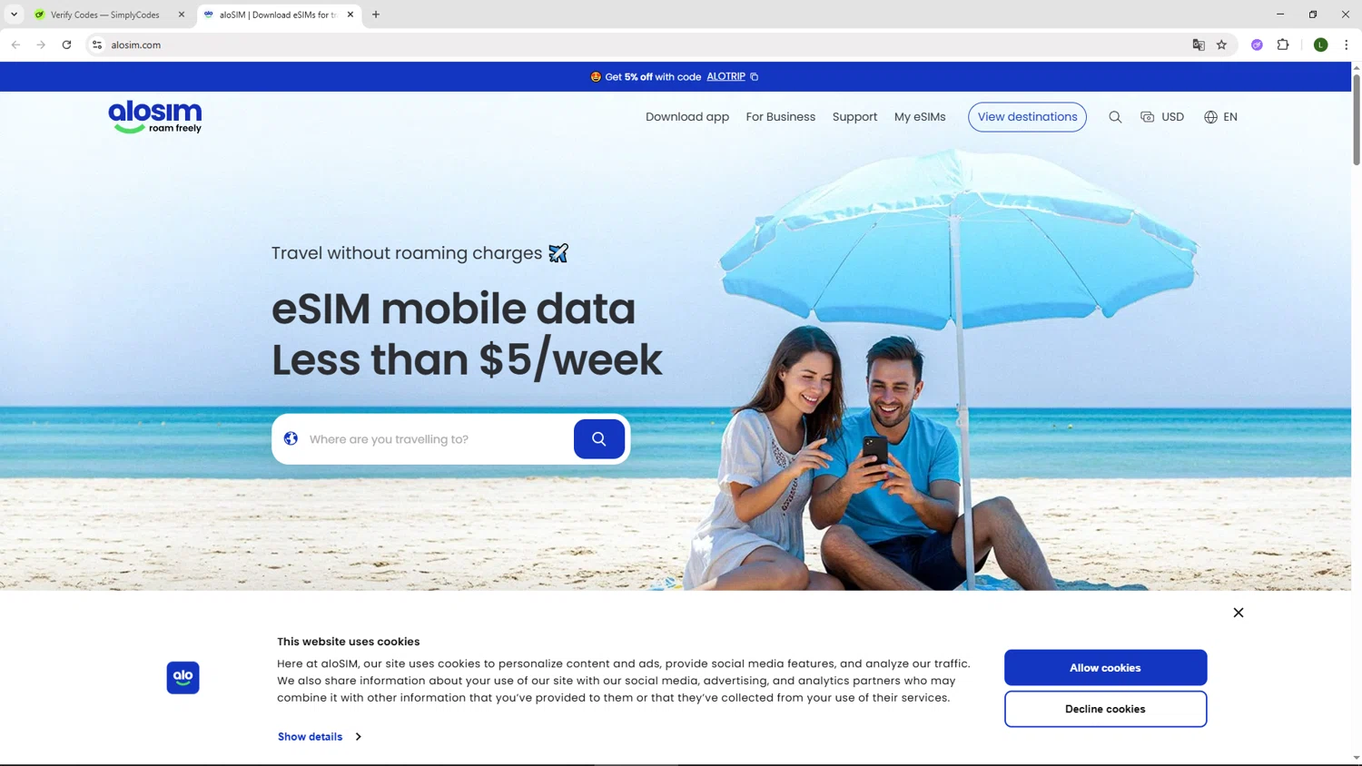 aloSIM promo code screenshot showing code TRAVELESIMEXPERT applied at aloSIM checkout page. Uploaded by SimplyCodes community member DUCATI on Aug 12, 2025