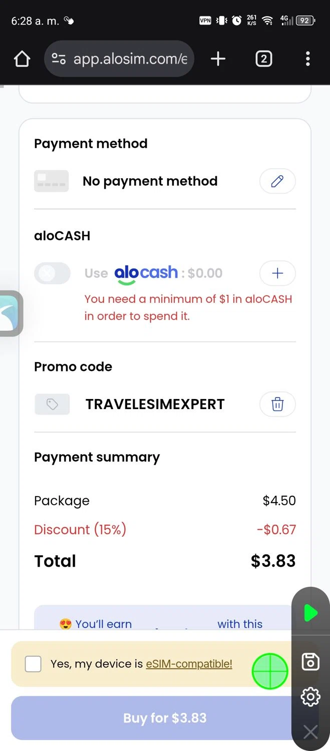 aloSIM promo code screenshot showing code TRAVELESIMEXPERT applied at aloSIM checkout page. Uploaded by SimplyCodes community member Diego_Soto on Mar 29, 2025