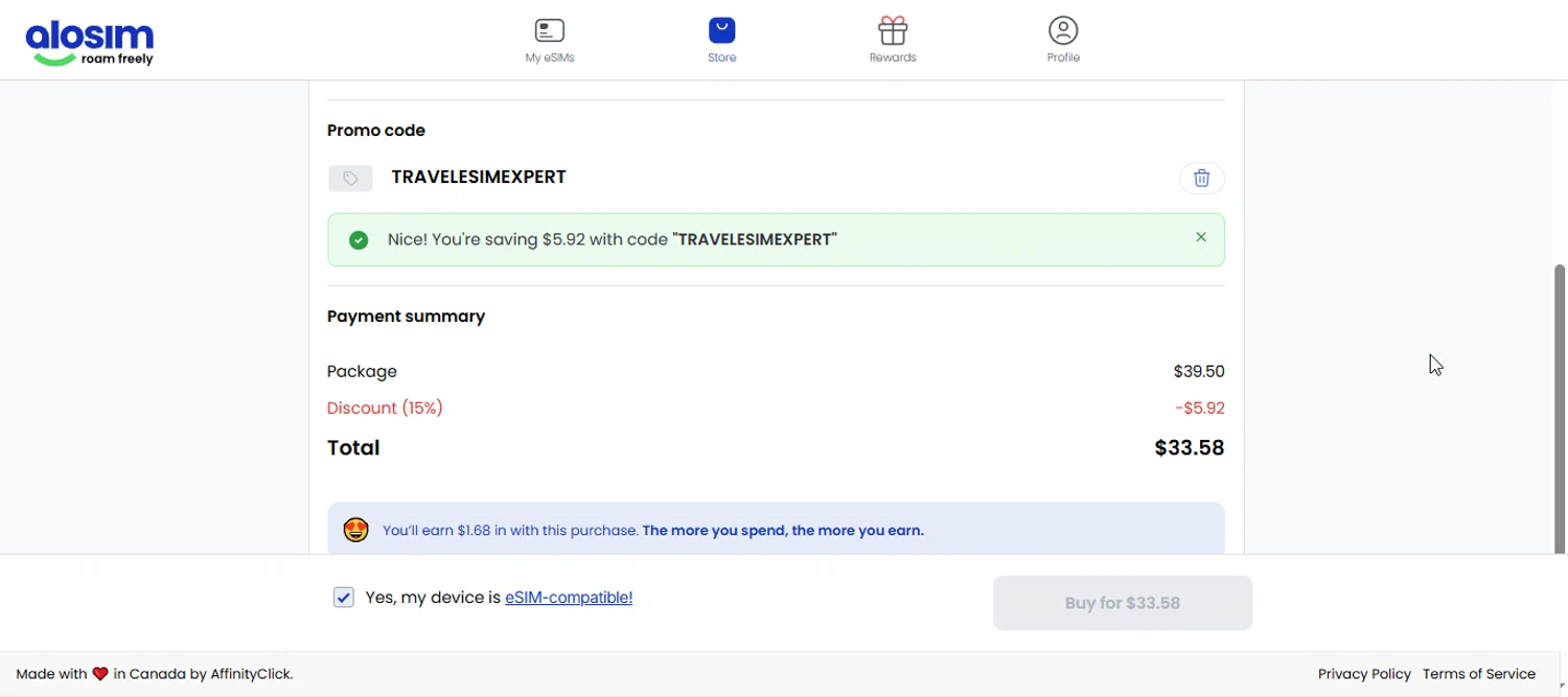aloSIM promo code screenshot showing code TRAVELESIMEXPERT applied at aloSIM checkout page. Uploaded by SimplyCodes community member Enmanuel99 on Jul 16, 2025