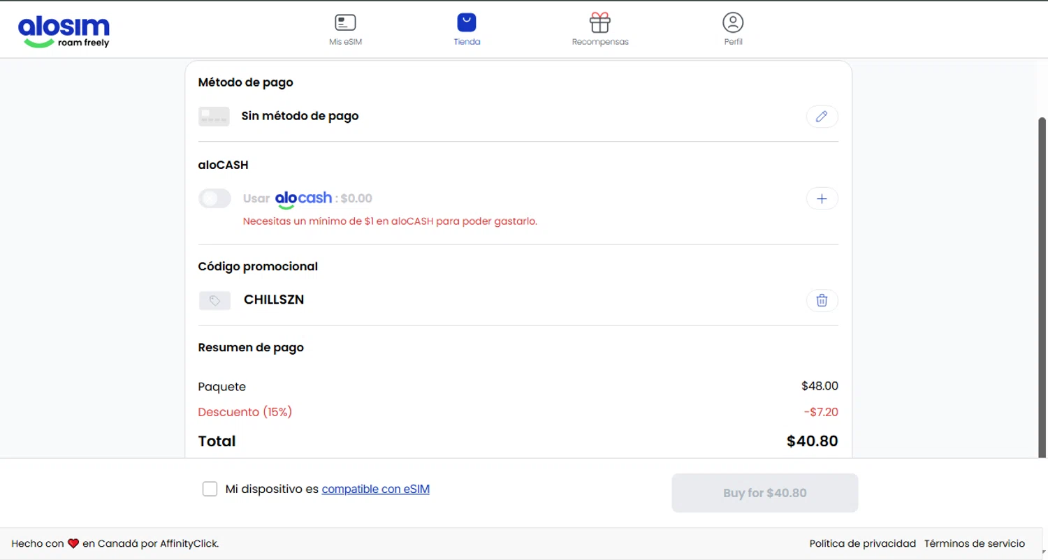 aloSIM promo code screenshot showing code CHILLSZN applied at aloSIM checkout page. Uploaded by SimplyCodes community member Omega77 on May 11, 2025
