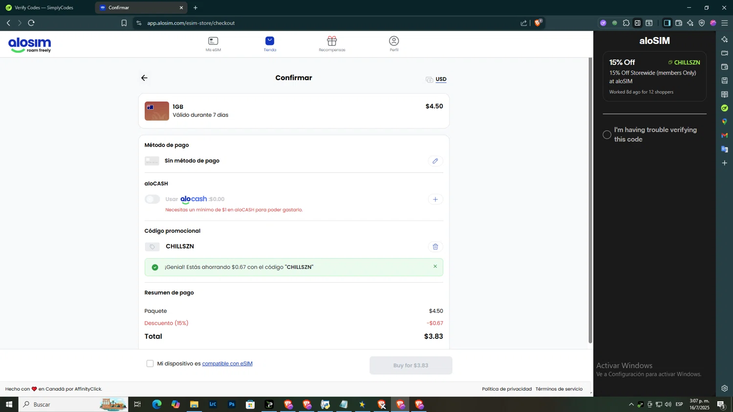 aloSIM promo code screenshot showing code CHILLSZN applied at aloSIM checkout page. Uploaded by SimplyCodes community member ELHIJOEMILA on Jul 16, 2025