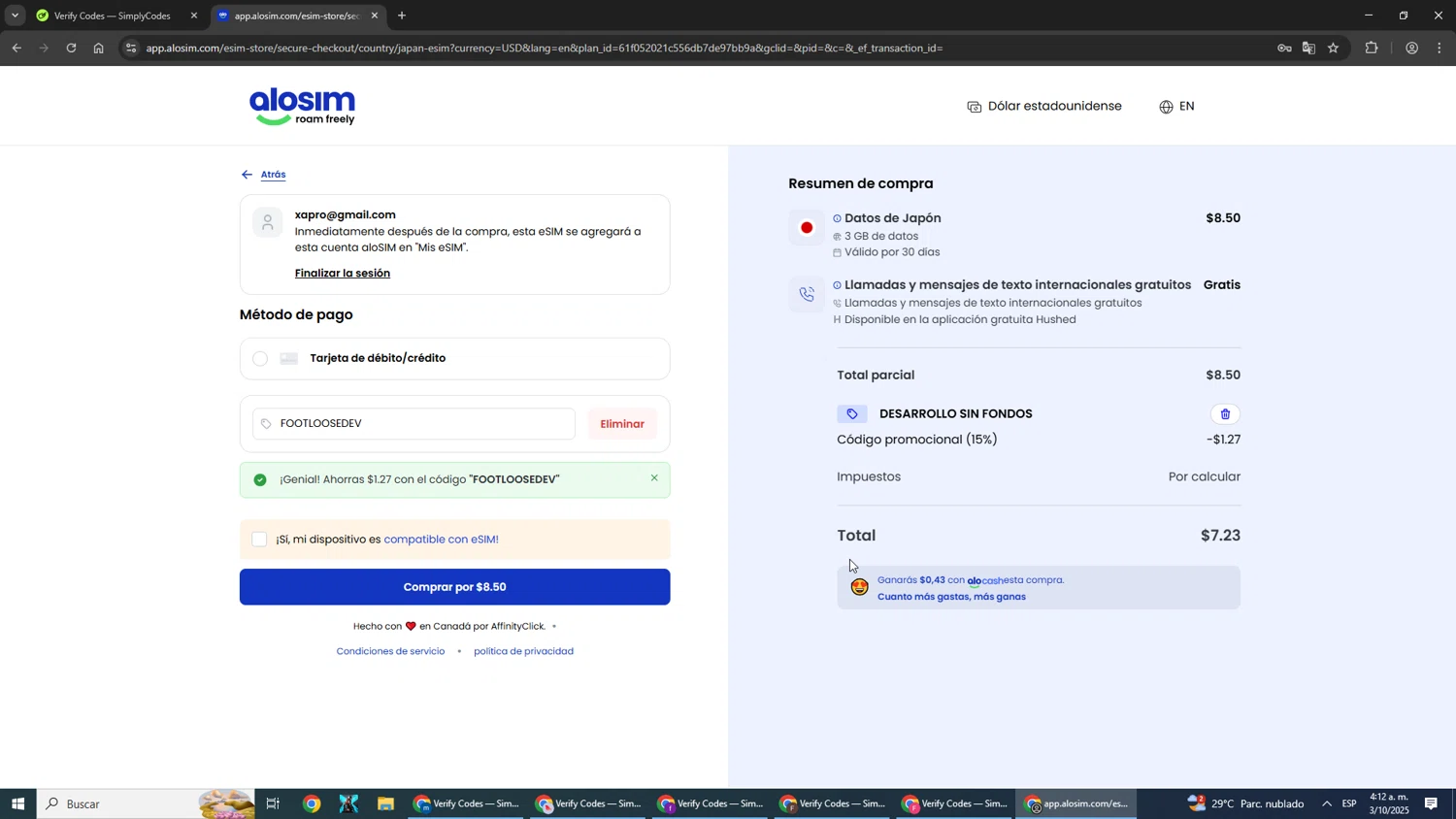 aloSIM promo code screenshot showing code FOOTLOOSEDEV applied at aloSIM checkout page. Uploaded by SimplyCodes community member ScanShopper554 on Oct 3, 2025