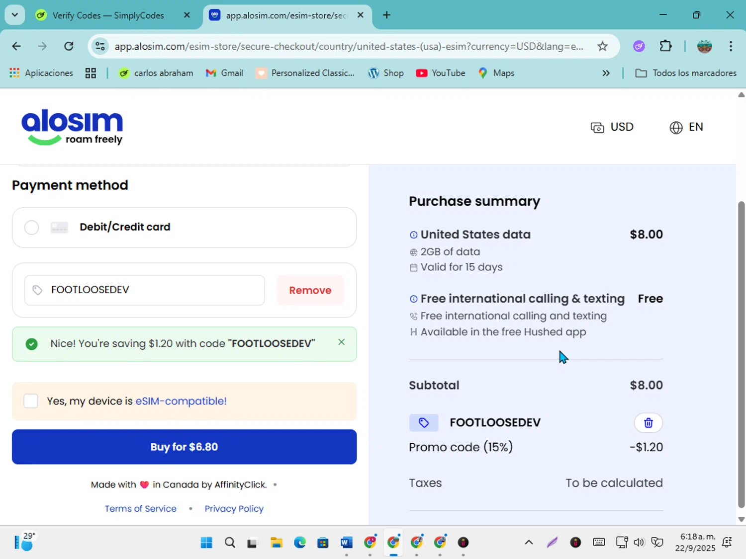 aloSIM promo code screenshot showing code FOOTLOOSEDEV applied at aloSIM checkout page. Uploaded by SimplyCodes community member karolg on Sep 22, 2025