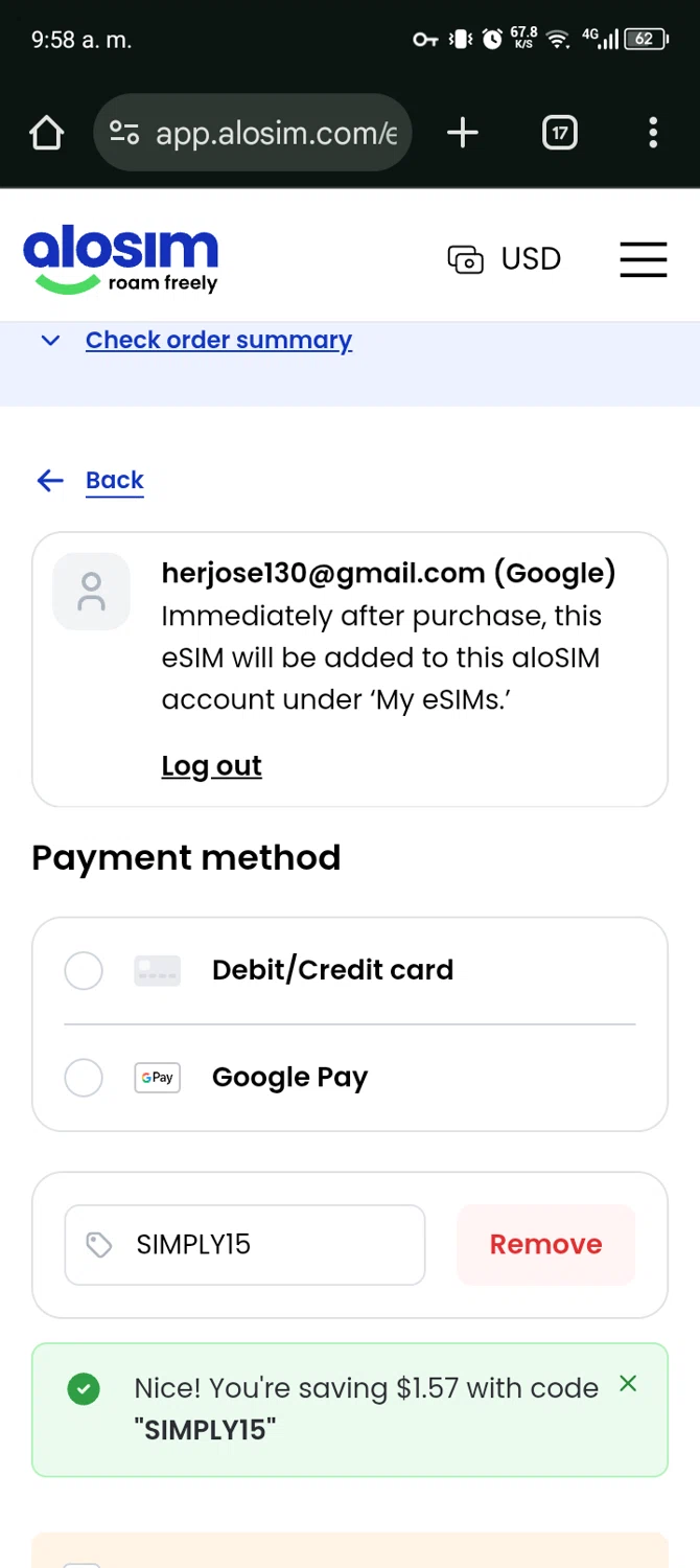 aloSIM promo code screenshot showing code SIMPLY15 applied at aloSIM checkout page. Uploaded by SimplyCodes community member Bernado on Jan 24, 2026