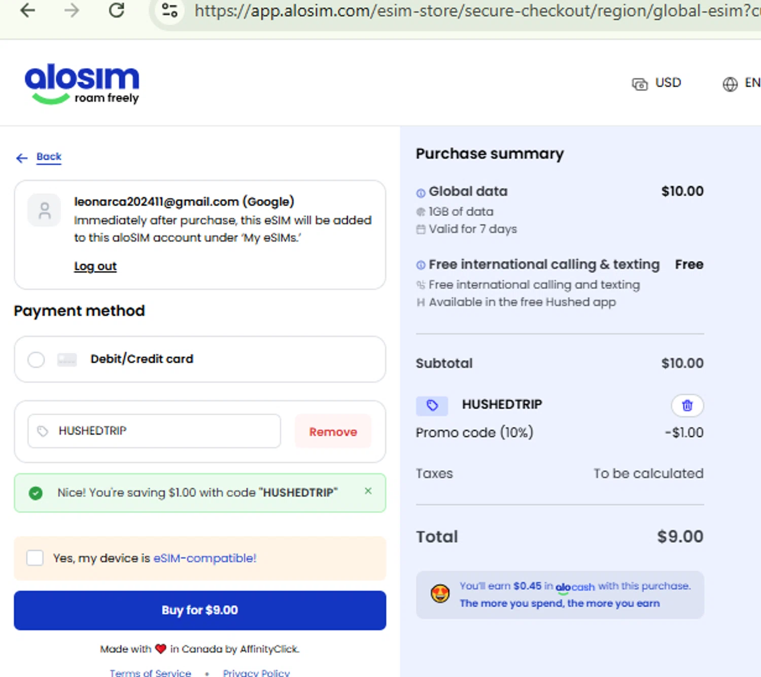 aloSIM checkout page showing aloSIM promo code box | Screenshot taken by SimplyCodes community member on Jan 26, 2026