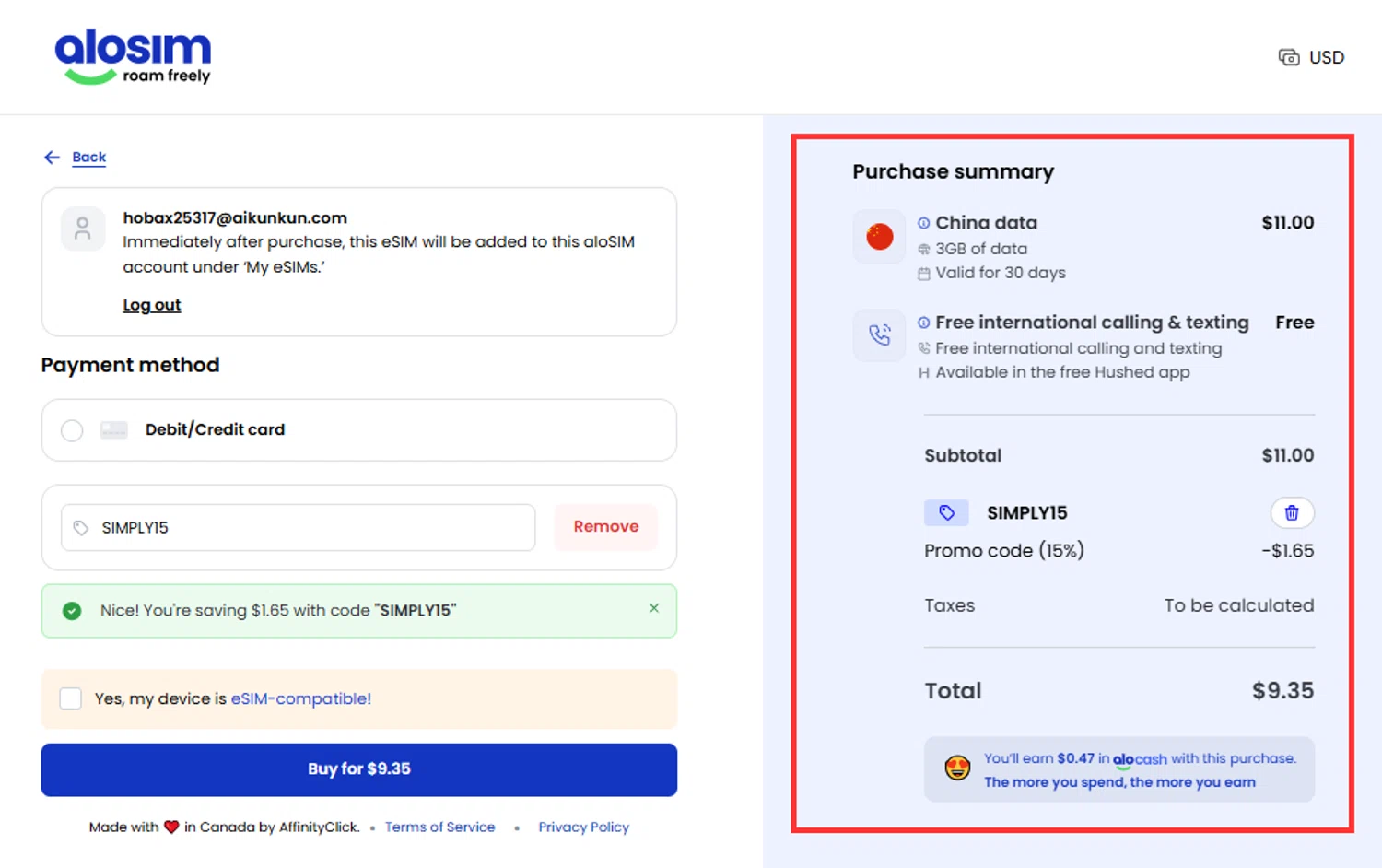 aloSIM promo code screenshot showing code SIMPLY15 applied at aloSIM checkout page. Uploaded by SimplyCodes community member RebateHunter3112 on Nov 25, 2025
