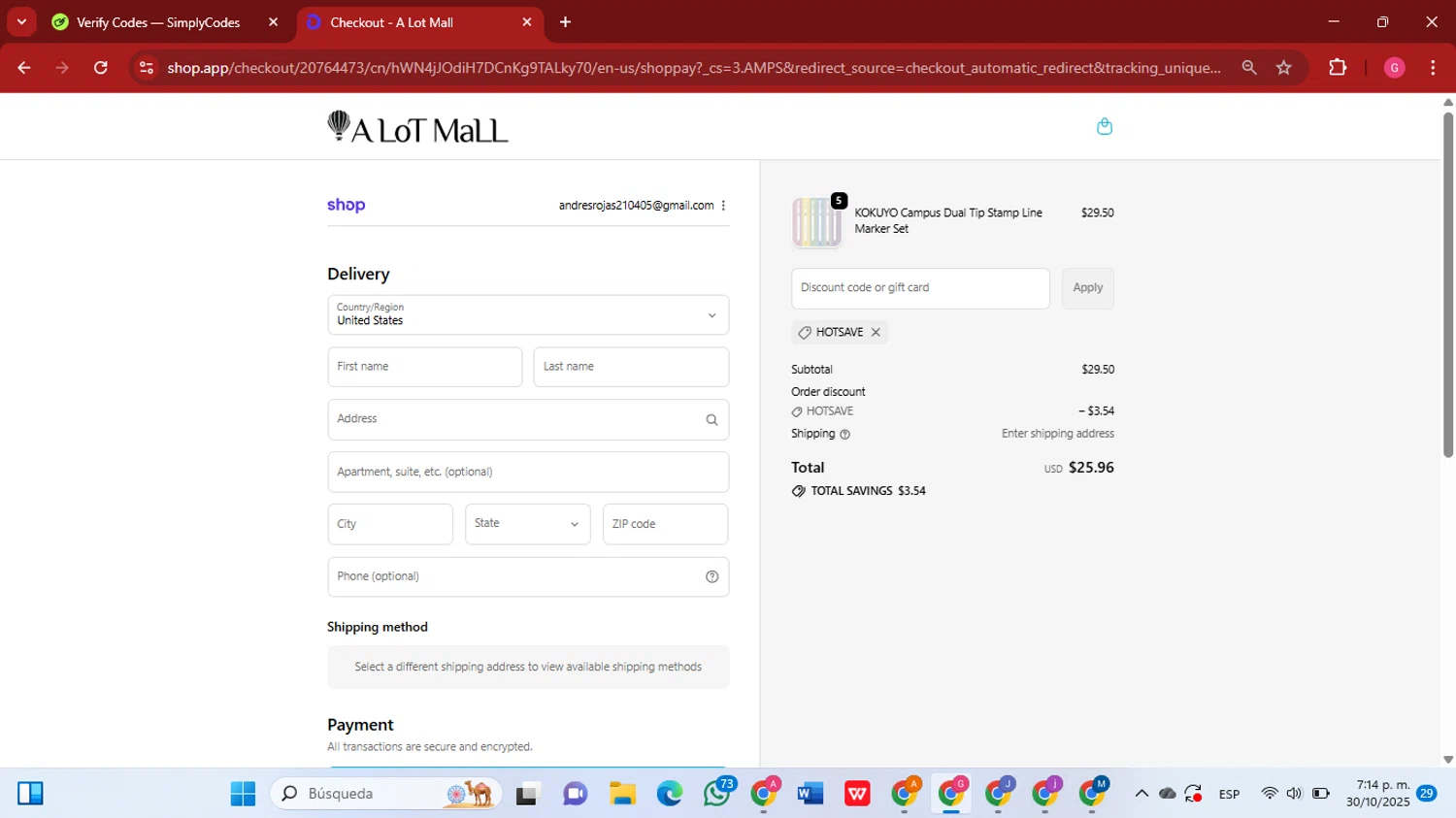 A Lot Mall promo code screenshot showing code HOTSAVE applied at A Lot Mall checkout page. Uploaded by SimplyCodes community member GGGilbert on Oct 30, 2025