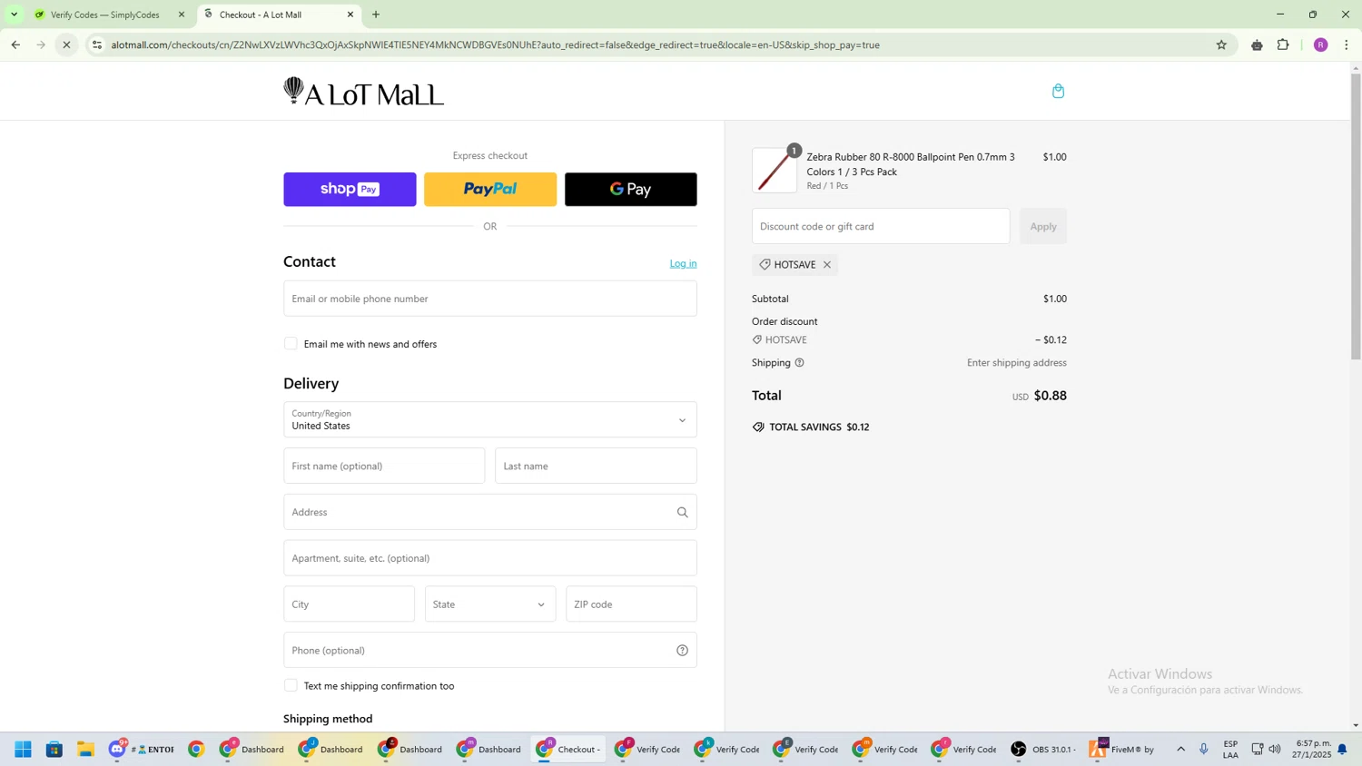 A Lot Mall promo code screenshot showing code HOTSAVE applied at A Lot Mall checkout page. Uploaded by SimplyCodes community member RoyalSentinel4577 on Jan 27, 2025