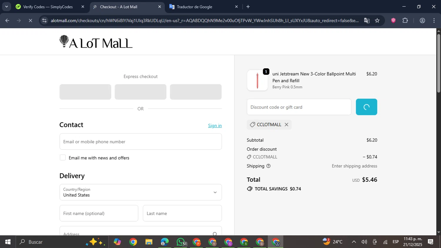 A Lot Mall promo code screenshot showing code CCLOTMALL applied at A Lot Mall checkout page. Uploaded by SimplyCodes community member GloriousDefender7889 on Dec 22, 2025