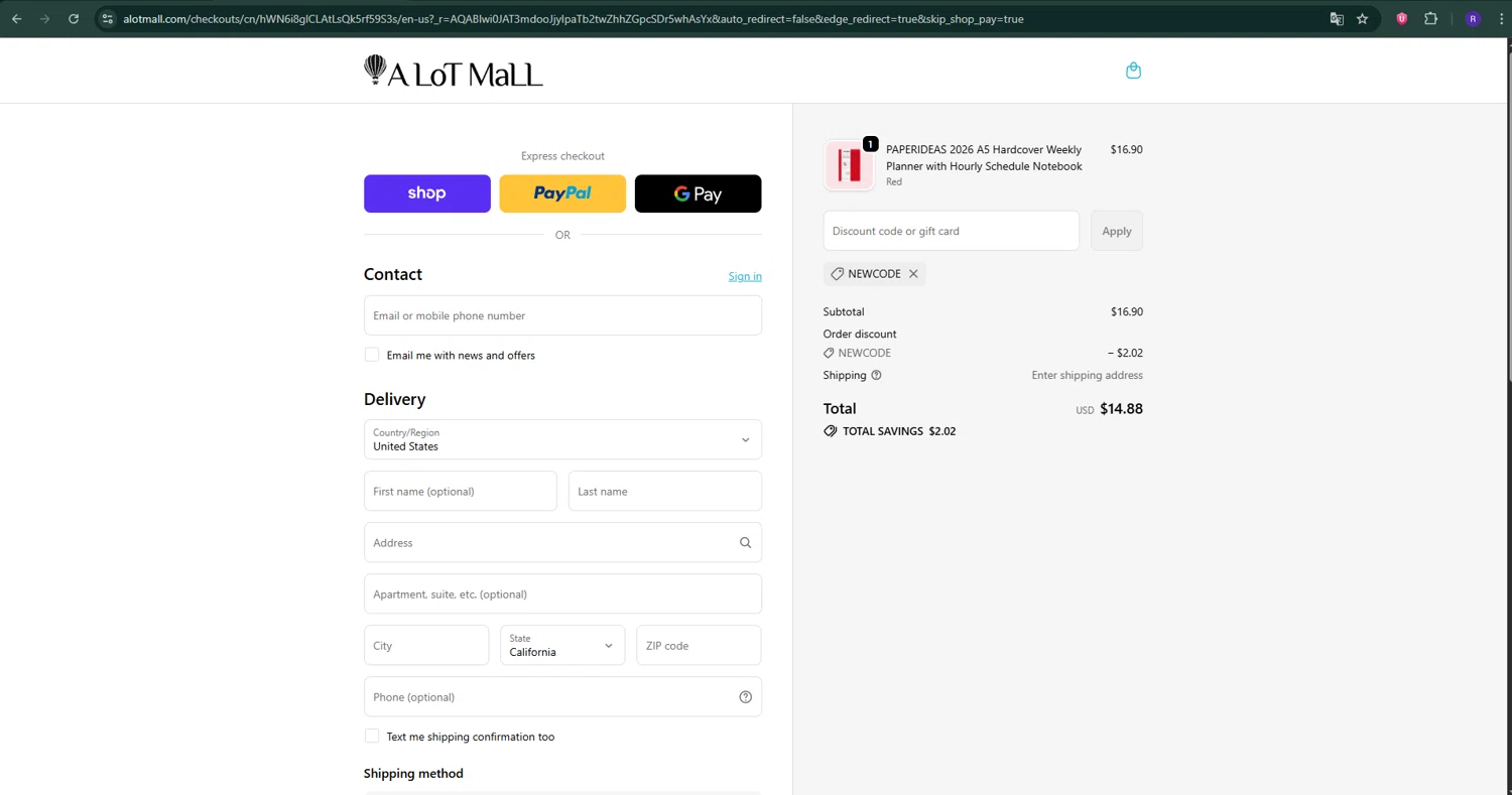 A Lot Mall promo code screenshot showing code newcode applied at A Lot Mall checkout page. Uploaded by SimplyCodes community member ShrewdShopper154 on Dec 22, 2025