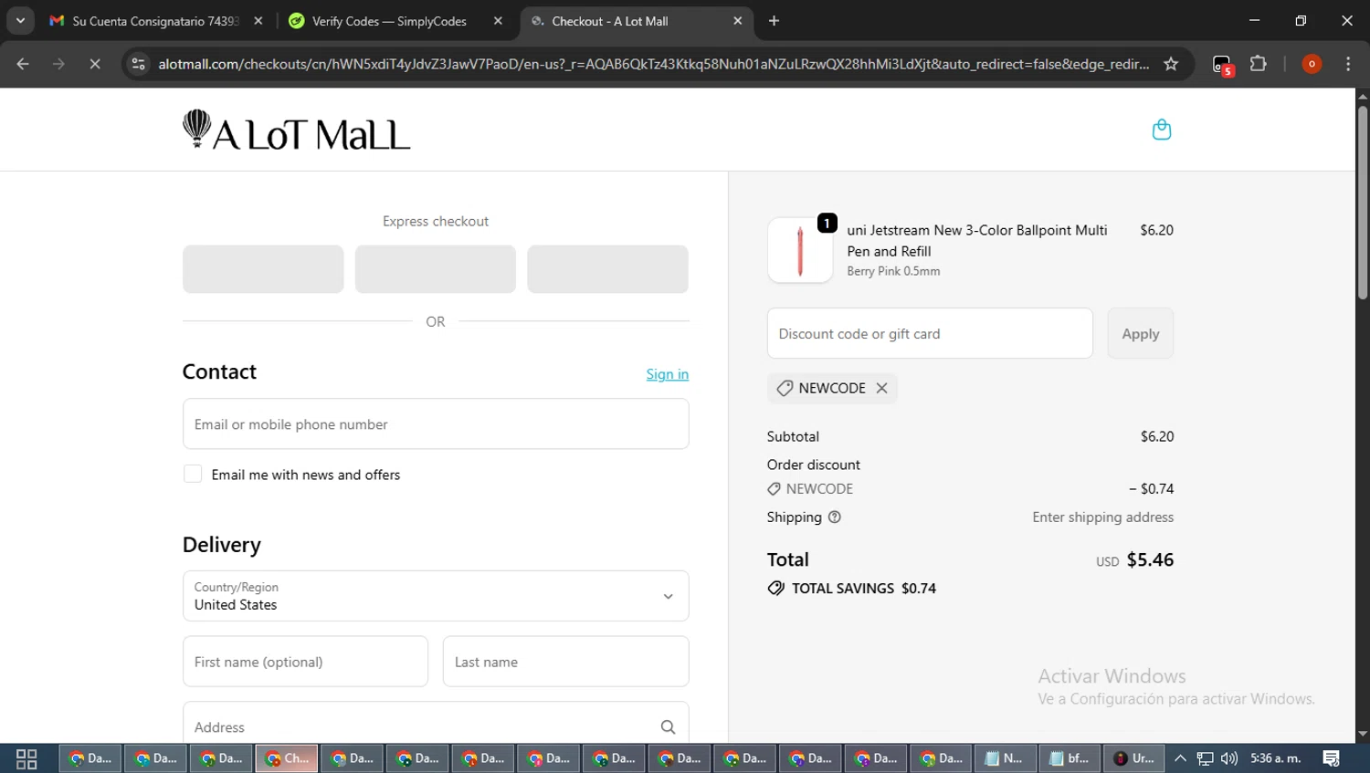 A Lot Mall promo code screenshot showing code newcode applied at A Lot Mall checkout page. Uploaded by SimplyCodes community member WiseTracker2171 on Dec 2, 2025
