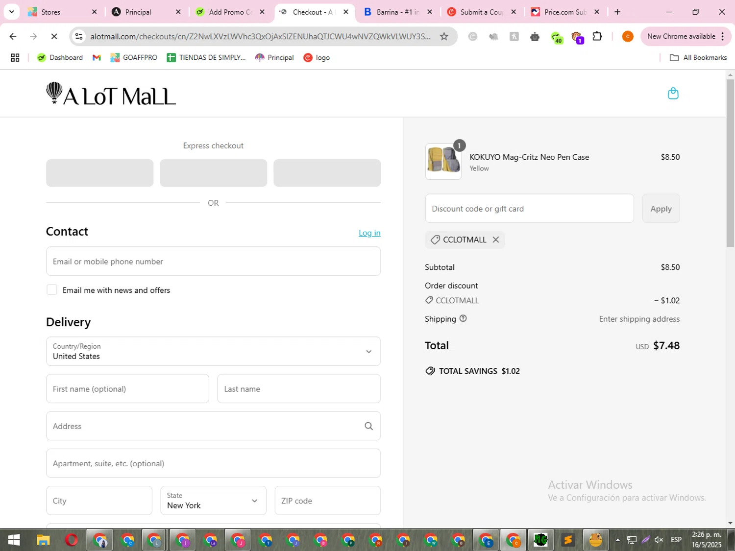 A Lot Mall promo code screenshot showing code CCLOTMALL applied at A Lot Mall checkout page. Uploaded by SimplyCodes community member Marie_99 on May 16, 2025