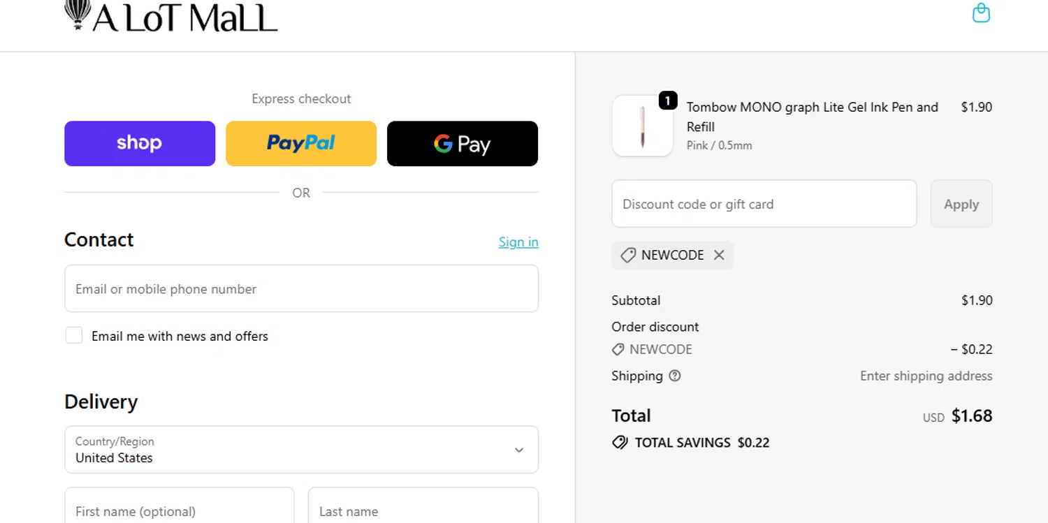 A Lot Mall promo code screenshot showing code newcode applied at A Lot Mall checkout page. Uploaded by SimplyCodes community member Robotsxrobotsxxxx on Dec 2, 2025