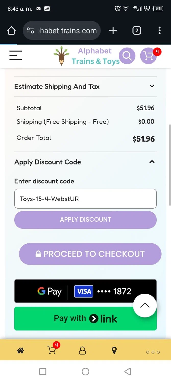 Alphabet Trains & Toys promo code screenshot showing code Toys-15-4-WebstUR applied at Alphabet Trains & Toys checkout page. Uploaded by SimplyCodes community member CARLOSSLIM on Aug 26, 2025