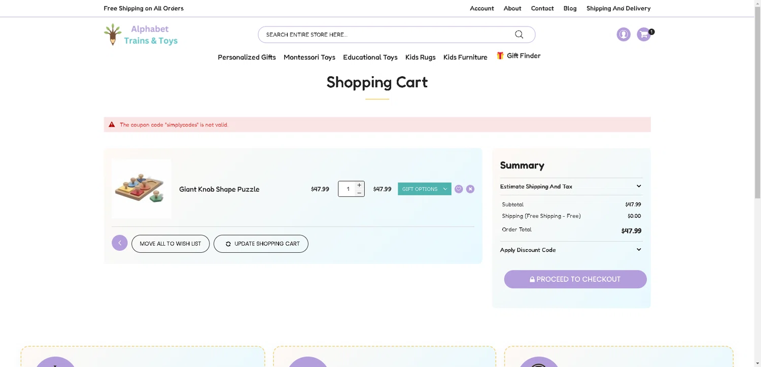 Alphabet Trains & Toys promo code screenshot showing code Toys-15-4-WebstUR applied at Alphabet Trains & Toys checkout page. Uploaded by SimplyCodes community member aver_136263192 on Aug 26, 2025