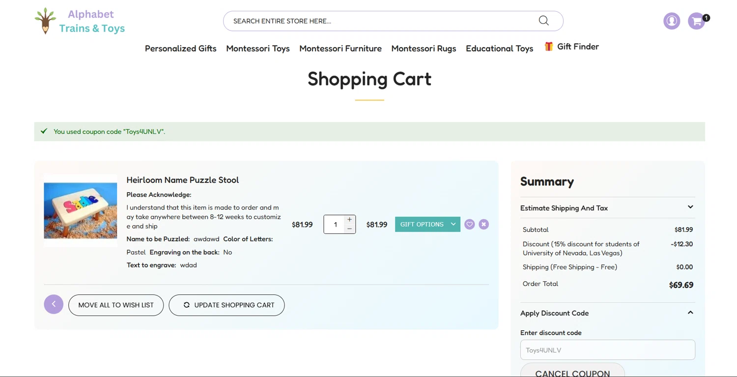 Alphabet Trains & Toys promo code screenshot showing code Toys4UNLV applied at Alphabet Trains & Toys checkout page. Uploaded by SimplyCodes community member ArthurMorgan on Dec 10, 2025