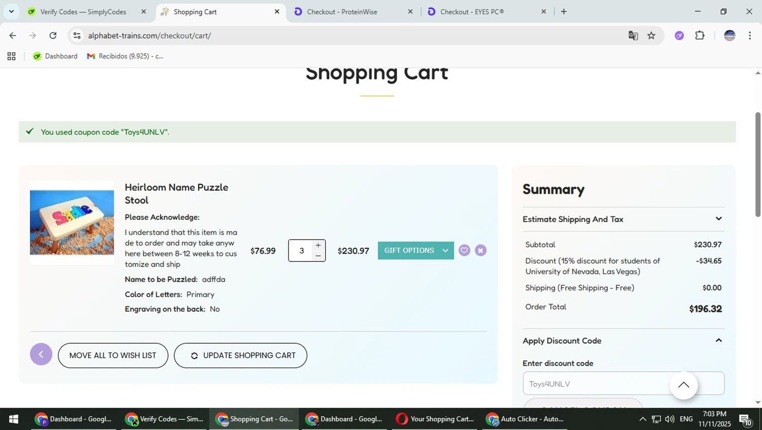 Alphabet Trains & Toys promo code screenshot showing code Toys4UNLV applied at Alphabet Trains & Toys checkout page. Uploaded by SimplyCodes community member TrevorPhilips on Nov 11, 2025