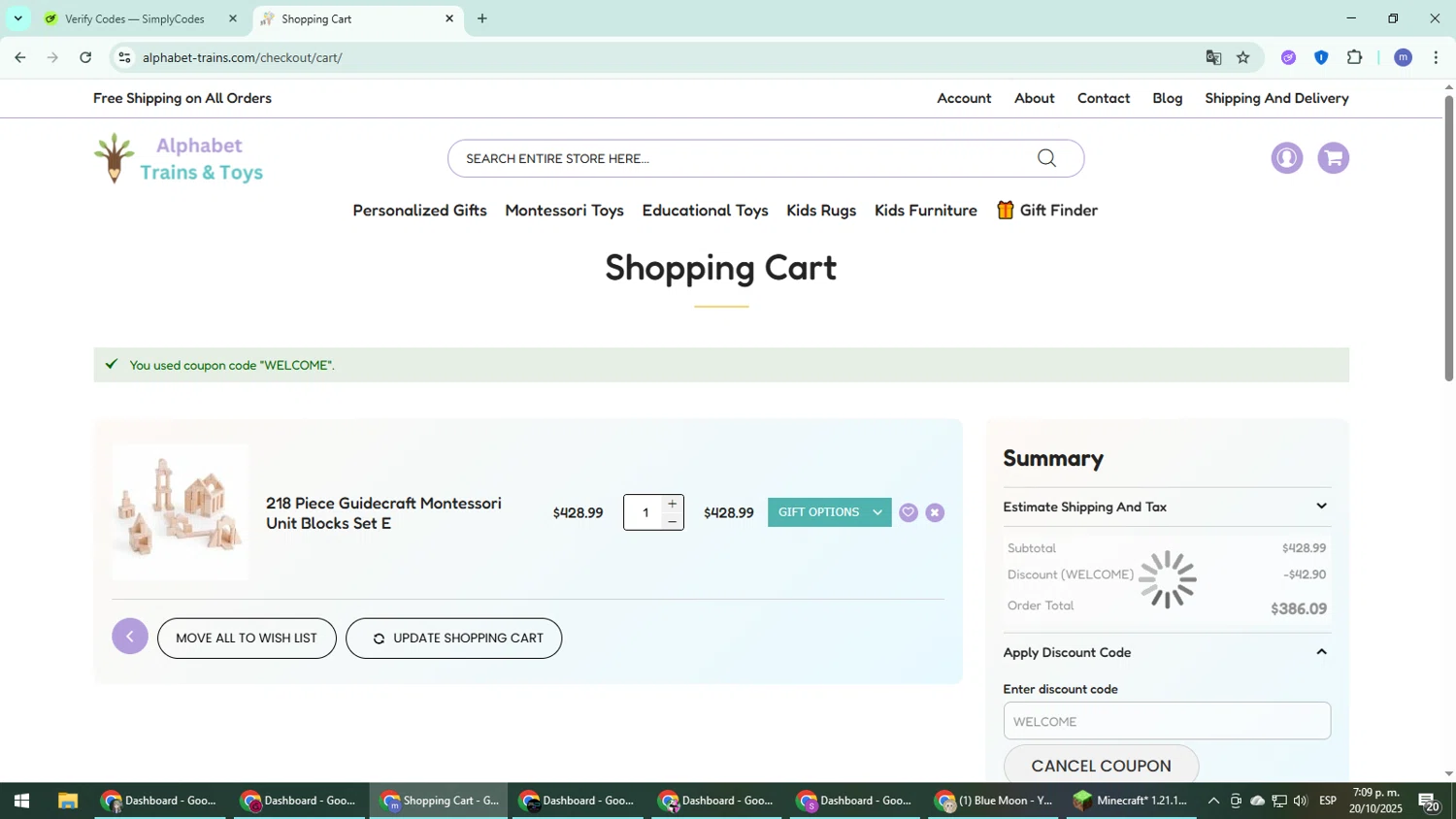 Alphabet Trains & Toys promo code screenshot showing code WELCOME applied at Alphabet Trains & Toys checkout page. Uploaded by SimplyCodes community member QuestDefender2661 on Oct 20, 2025