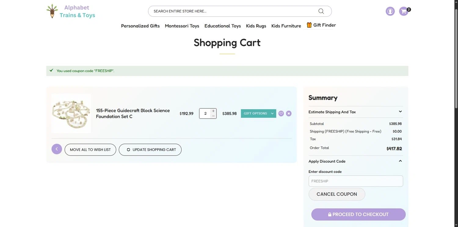 Alphabet Trains & Toys promo code screenshot showing code FREESHIP applied at Alphabet Trains & Toys checkout page. Uploaded by SimplyCodes community member Depressive on Aug 12, 2025