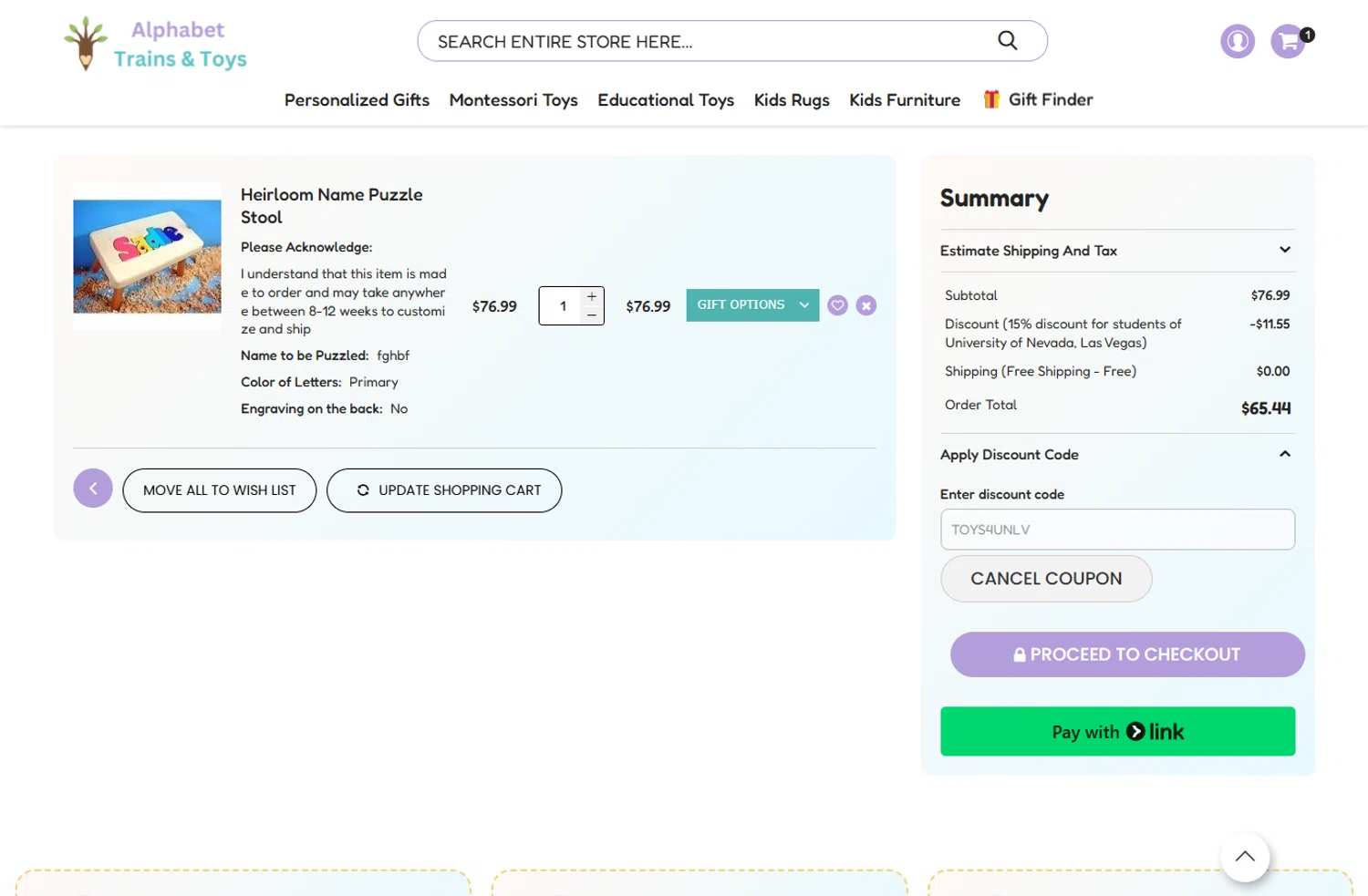 Alphabet Trains & Toys promo code screenshot showing code TOYS4UNLV applied at Alphabet Trains & Toys checkout page. Uploaded by SimplyCodes community member ivantorres on Sep 24, 2025