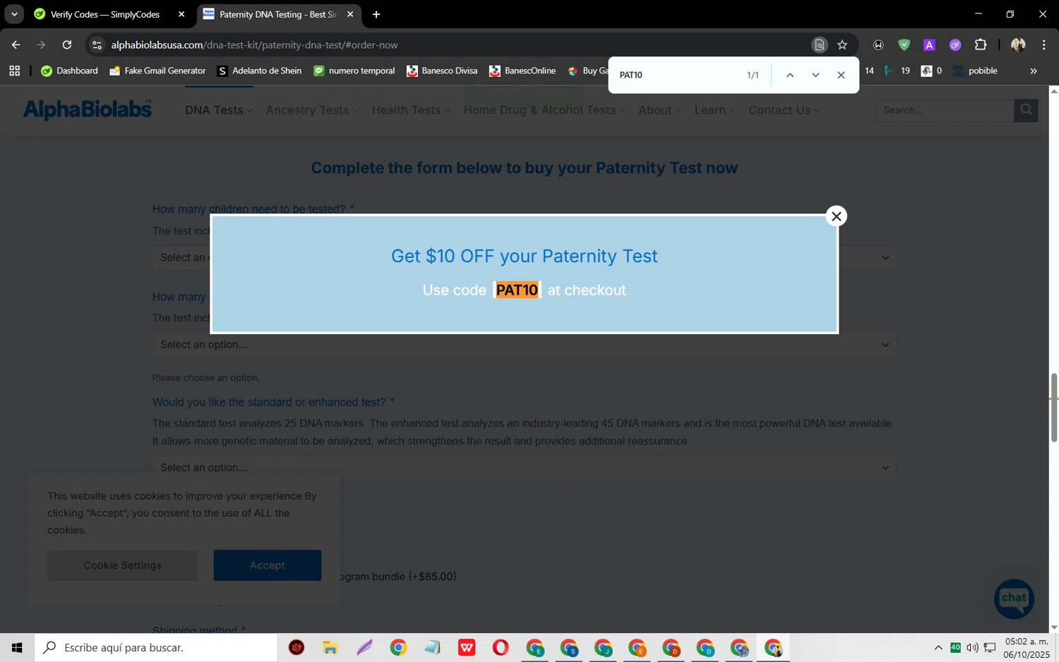 Alpha Biolabs USA promo code screenshot showing code PAT10 applied at Alpha Biolabs USA checkout page. Uploaded by SimplyCodes community member jeysosmoore on Oct 6, 2025