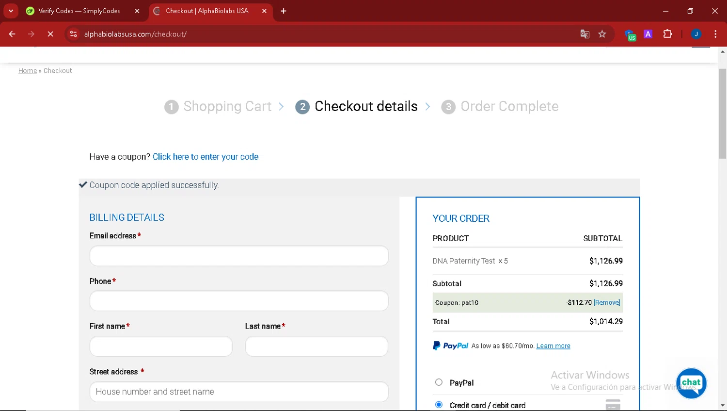 Alpha Biolabs USA promo code screenshot showing code PAT10 applied at Alpha Biolabs USA checkout page. Uploaded by SimplyCodes community member thegordobaby on Dec 29, 2024