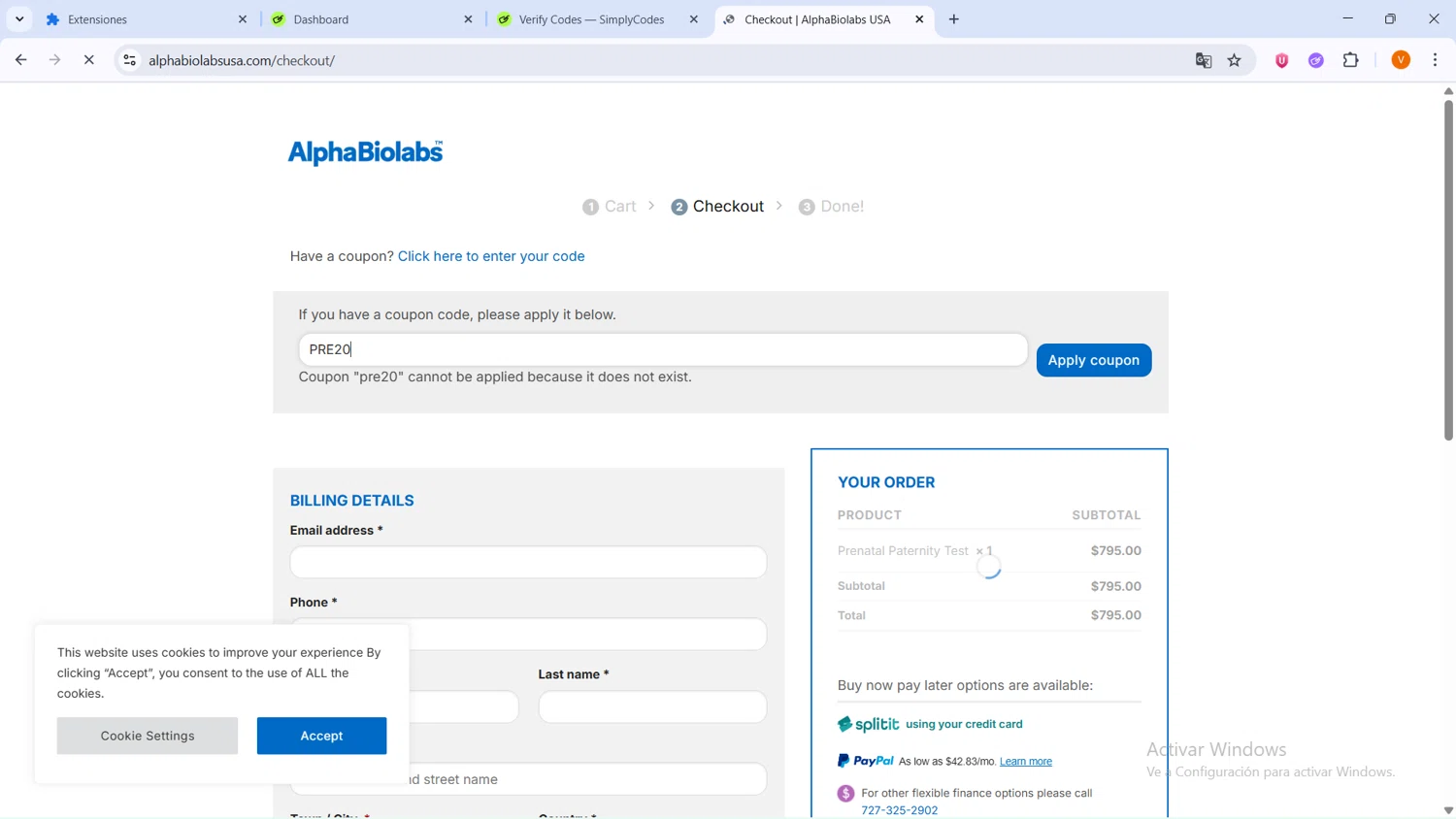 Alpha Biolabs USA promo code screenshot showing code PRE20 applied at Alpha Biolabs USA checkout page. Uploaded by SimplyCodes community member BrilliantLion4485 on Oct 6, 2025