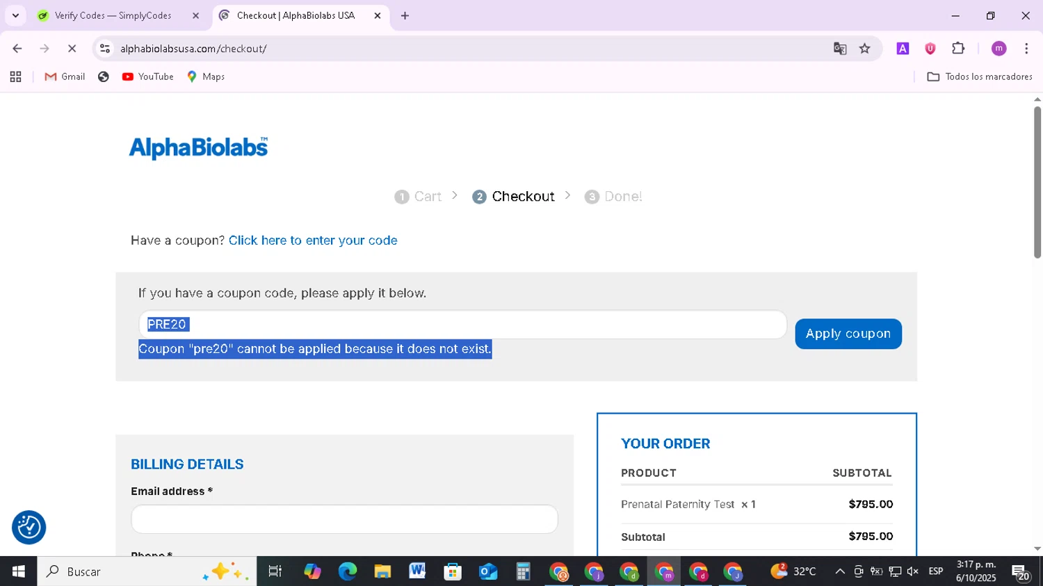Alpha Biolabs USA promo code screenshot showing code PRE20 applied at Alpha Biolabs USA checkout page. Uploaded by SimplyCodes community member BudgetMonarch8952 on Oct 6, 2025