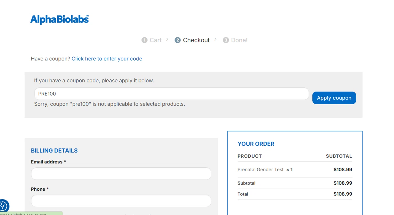 Alpha Biolabs USA promo code screenshot showing code PRE100 applied at Alpha Biolabs USA checkout page. Uploaded by SimplyCodes community member Ronald13 on Dec 3, 2025