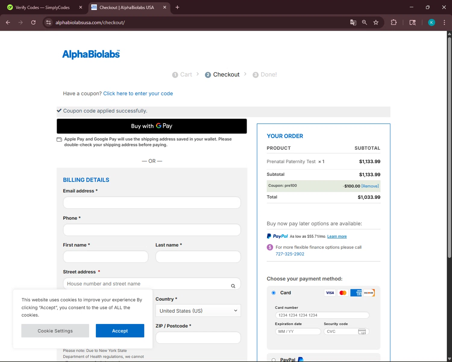 Alpha Biolabs USA promo code screenshot showing code PRE100 applied at Alpha Biolabs USA checkout page. Uploaded by SimplyCodes community member VoucherSleuth3236 on Nov 4, 2025