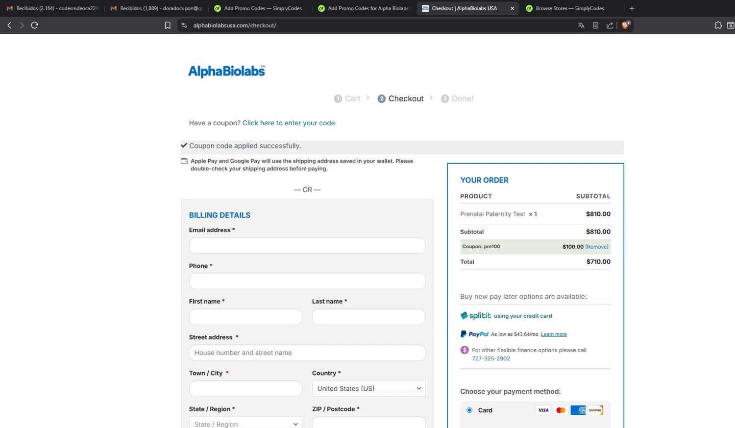 Alpha Biolabs USA promo code screenshot showing code PRE100 applied at Alpha Biolabs USA checkout page. Uploaded by SimplyCodes community member Mdeoca on Sep 25, 2025