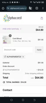 ALPHAPARENT20 coupon verification screenshot
