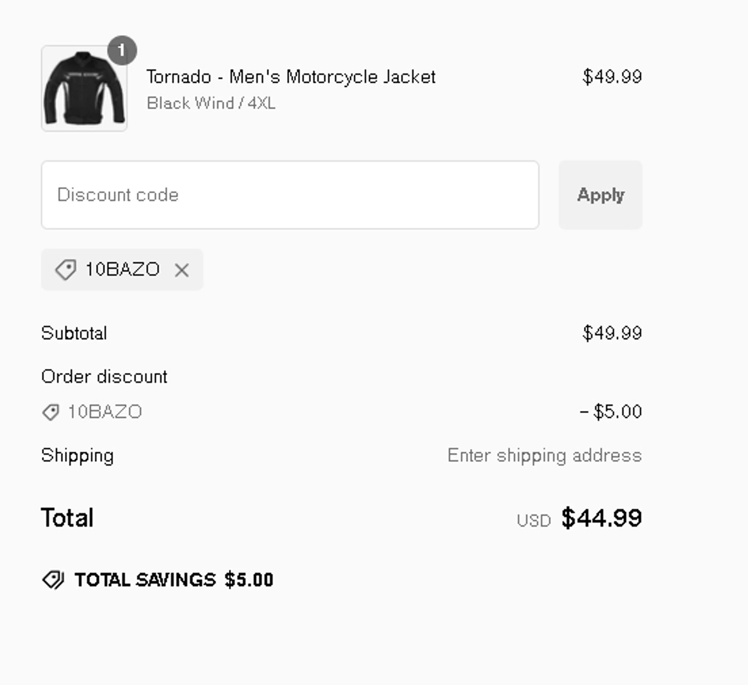 Alpha Cycle Gear promo code screenshot showing code 10BAZO applied at Alpha Cycle Gear checkout page. Uploaded by SimplyCodes community member Netheryno on Jan 17, 2025