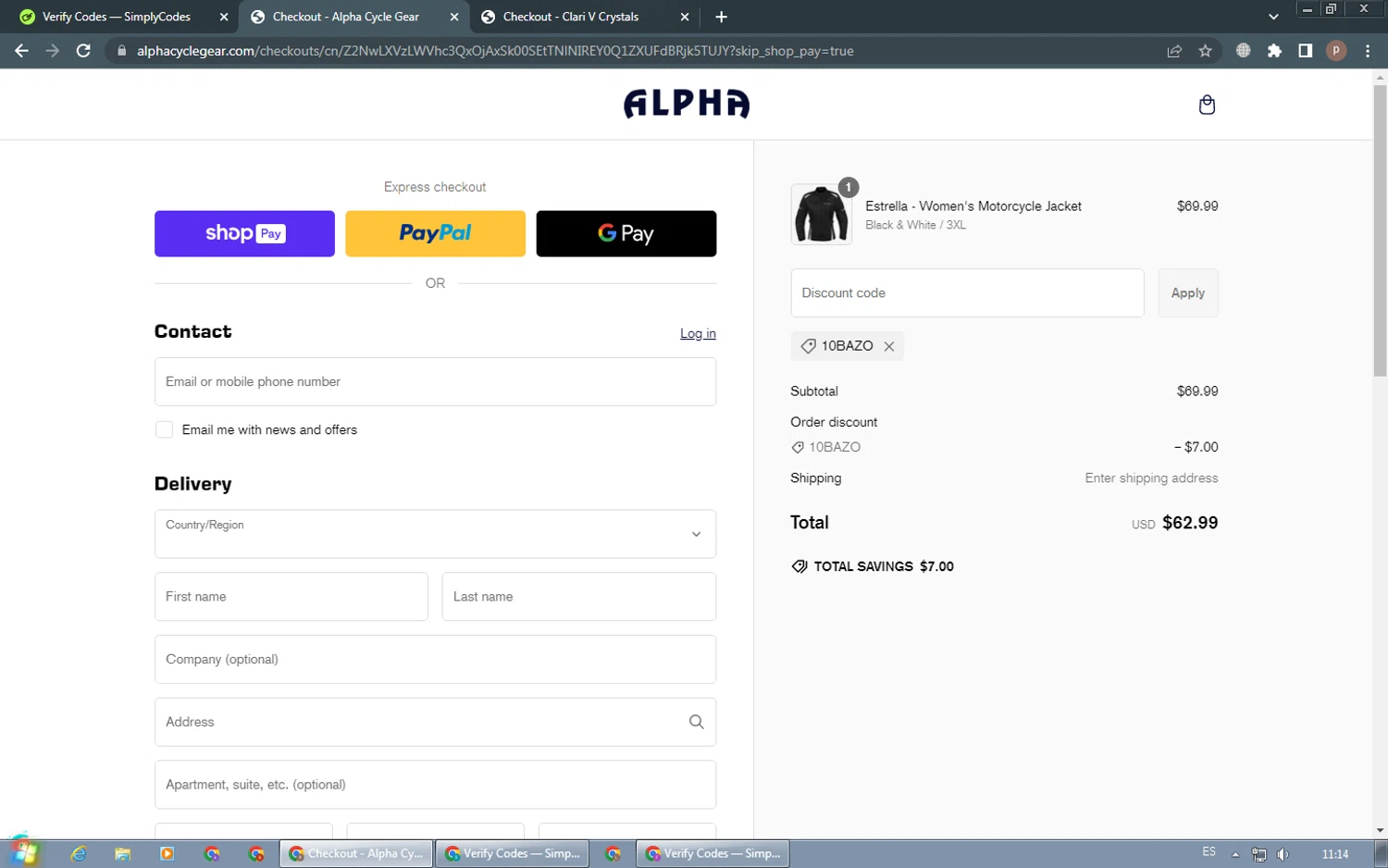 Alpha Cycle Gear promo code screenshot showing code 10BAZO applied at Alpha Cycle Gear checkout page. Uploaded by SimplyCodes community member RoyalSleuth6331 on Feb 15, 2025