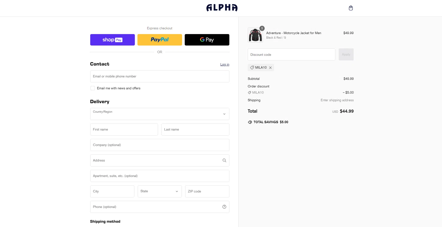 Alpha Cycle Gear checkout page showing Alpha Cycle Gear promo code box | Screenshot taken by SimplyCodes community member on Feb 23, 2025