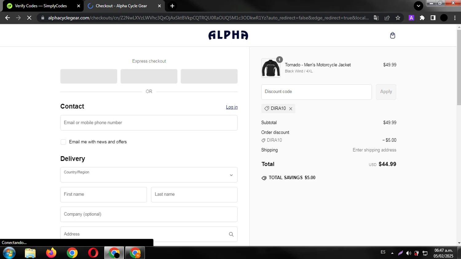 Alpha Cycle Gear promo code screenshot showing code DIRA10 applied at Alpha Cycle Gear checkout page. Uploaded by SimplyCodes community member jesusguqnipa on Feb 5, 2025