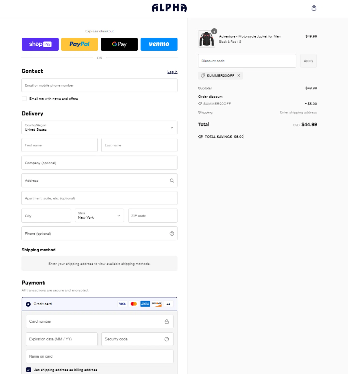 Alpha Cycle Gear checkout page showing Alpha Cycle Gear promo code box | Screenshot taken by SimplyCodes community member on Feb 24, 2025